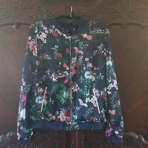 Floral navy sz S jacket silky lined summer Asian